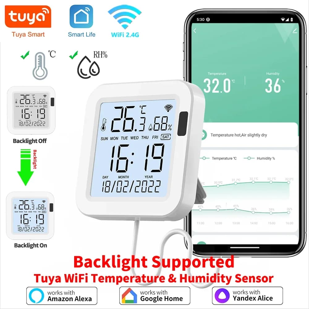 Tuya 와이파이 온도 습도 스마트 센서, 백라이트 포함, 스마트 홈 Var SmartLife, Alexa Google Assistant와 함께 작동