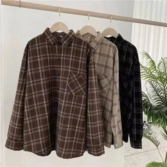 가을/겨울 레트로 긴팔 체크 셔츠 한국 패션 다용도 가을 체크 셔츠 루즈핏 다용도 탑