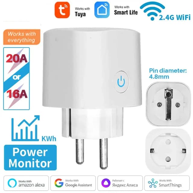 스마트 플러그 WiFi 소켓 EU 16A/20A 전원 모니터 타이밍 기능 포함 Tuya Smart Life APP는 Alexa Google 홈과 함께 작동합니다.