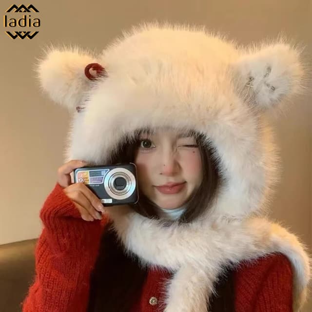 여성용 크리스마스 스카프 모자 세트, 귀여운 귀 모피 두꺼운 후드 모피 보넷 플러시 두꺼운 목 워머 스카프 2 종 세트, 겨울