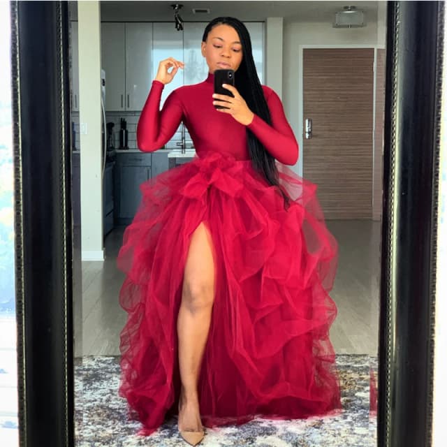여성 투투 롱 스커트 프론트 스플릿 레이어드 Tulle 푹신한 스커트 바닥 길이 웨딩 나이트 파티 클럽 의류 이브닝 드레스