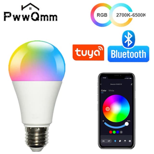 PwwQmm AC220V-110V LED E27 무선 App 4.0 블루투스 스마트 전구 Tuya APP 제어 디밍 가능 15W RGB+CW+WW 호환 IOS/안드로이드