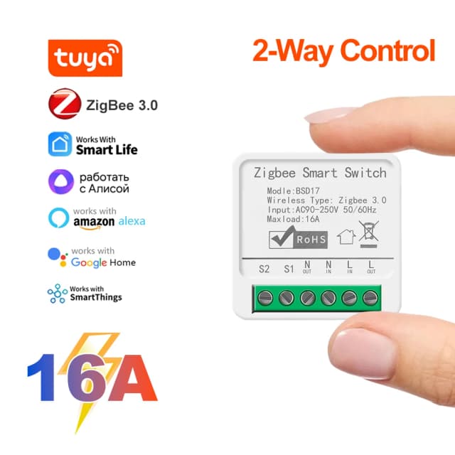 Tuya Smart ZigBee3.0 전등 스위치 모듈 16A MiNi DIY 차단기는 Alexa Google 홈용 2 웨이 제어 App 원격 제어를 지원합니다.
