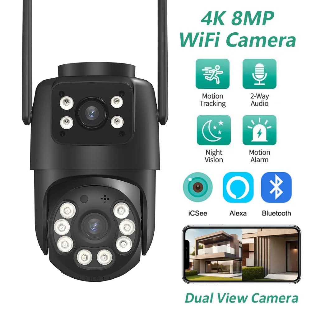 BELIA 4K 8MP WiFi 감시 카메라, 4X 디지털 줌, PTZ IP 카메라 ONVIF 듀얼 렌즈, AI 인간 감지, 실외 보안 ICSEE