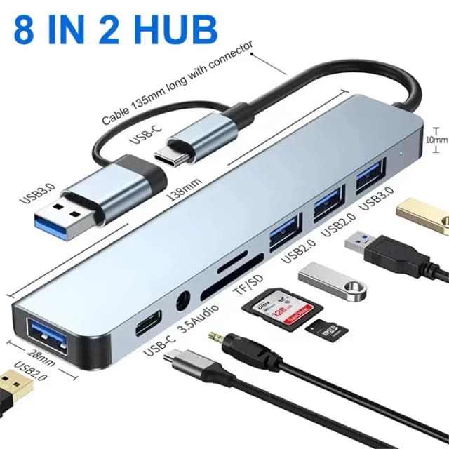 8 in 2 USB C 허브 도킹 스테이션, 마이크로 SD 카드 리더, 3.5mm 오디오 잭 어댑터, 노트북 태블릿 폰 디스크 컨버터