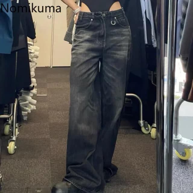 Pantalon Femme 가을 겨울 넓은 다리 바지 하이 웨이스트 루즈 청바지 여성 빈티지 스트리트 패션 하라주쿠 Y2K 바지 바지