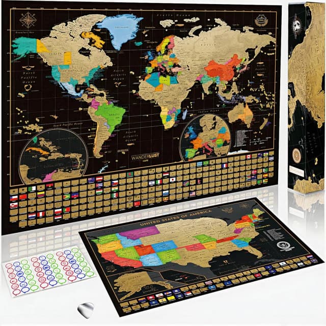 One Scratch Map - 세계 지도(대형: 32.5x23.4인치) - 성인용 디럭스 스크래치 여행 포스터, 검정색 및 금색 지도