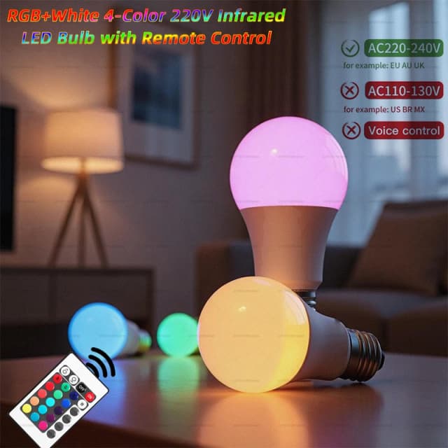 220V IR 원격 제어 LED 전구, 디밍이 가능한 RGB+흰색 색상 변경 전구, E27 베이스, 가정/파티/장식용, 에너지 절약