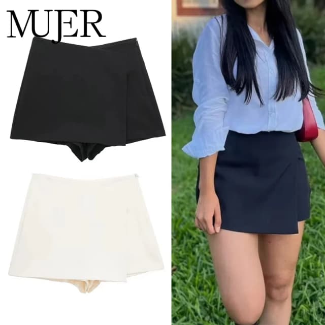 MUJER 2025 여성용 비대칭 스코트 블랙 하이웨이스트 미니 스커트 반바지 여성 캐주얼 버뮤다 반바지 여성 여름 스커트 반바지