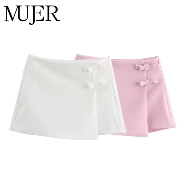 MUJER 2025 핑크 화이트 미니 스커트 여성 패션 보우 스코트 여성 여름 슬릿 숏 스커트 여성 스플릿 하이웨이스트 스커트 쇼츠