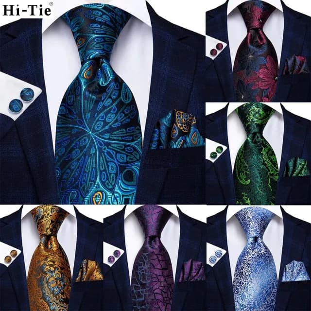하이-넥타이 공작 블루 참신 디자이너 실크 웨딩 넥타이 남성용 Hanky ​​Cufflinks 선물 남성 패션 넥타이 세트 비즈니스 파티