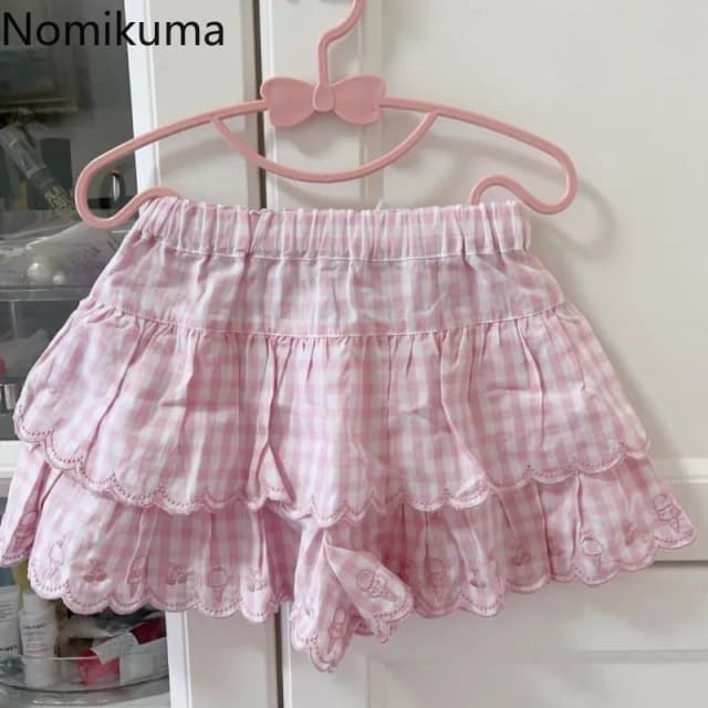 2025 Faldas Mujer De Moda 일본 여름 스커트 여성 하이 웨스트 Jupe Kawaii 자수 패션 격자 무늬 미니 Y2k 핑크 귀여운 스커트