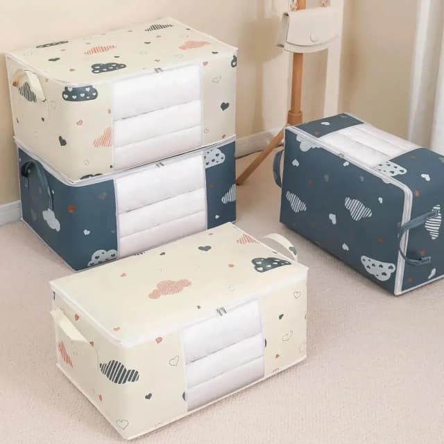 방진 이불 의류 보관 가방, 방습 정리함, 대용량 이불 담요 분류 가방, 블루 및 화이트, 1 개