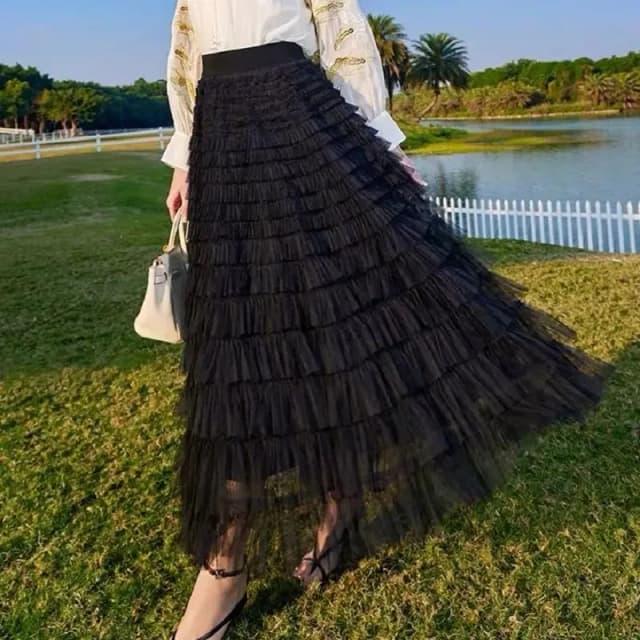 여성용 미드 롱 Tulle 스커트 트렌디 한 HighElastic Waisted A 라인 푹신한 페어리 메쉬 레이어드 프릴 스커트 여성용 선물