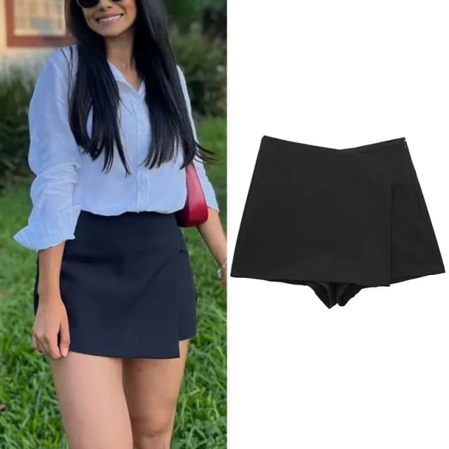 TRAF 여성 블랙 미니 스커트 반바지 여성용 비대칭 Skort 여성용 하이 웨스트 여름 스커트 여성 캐주얼 버뮤다 반바지