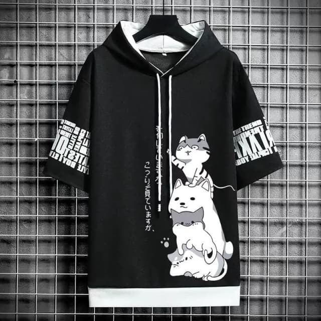 일본 패션 남성 후드 여름 남성 의류 만화 캐주얼 하라주쿠 streetwear 프린트 후드 탑 반소매 스웨트 남성