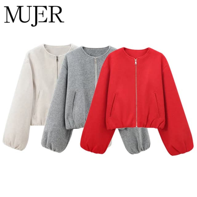 MUJER 여성용 레드 지퍼 봄버 재킷, 부드러운 크롭 재킷, 2025 여성용 긴팔 스포츠 재킷, 아우터 신상품