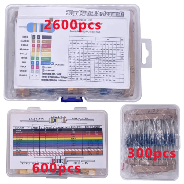 300/600/2600pcs 1% 저항기 세트 저항 1/4W 금속 필름 저항기 키트 10Ohm ~1M Ohm 30/130값 전자 부품 키트